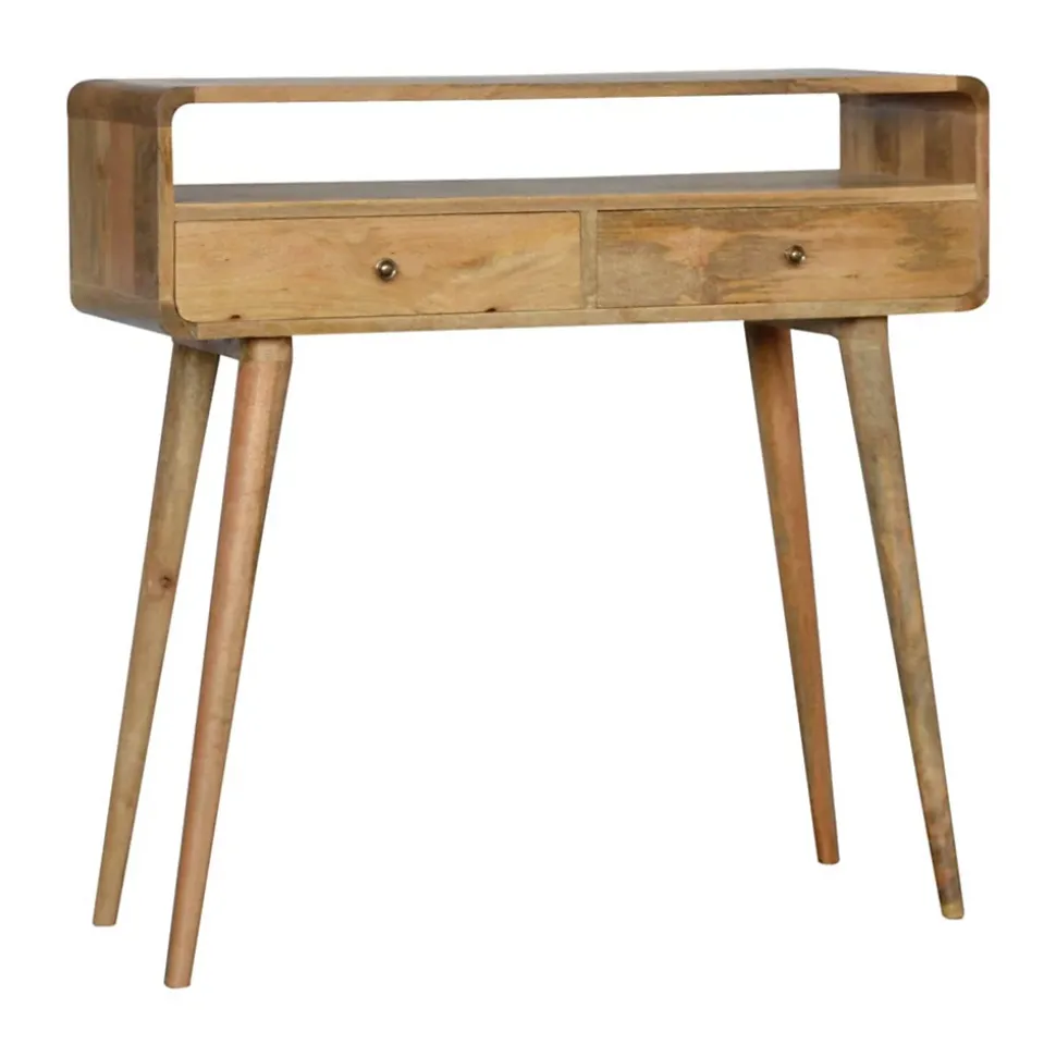 Artisan Furniture Bois massif courbé effet chêne console, 2 tiroirs, 1 étagère, beige