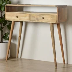 Artisan Furniture Bois massif courbé effet chêne console, 2 tiroirs, 1 étagère, beige
