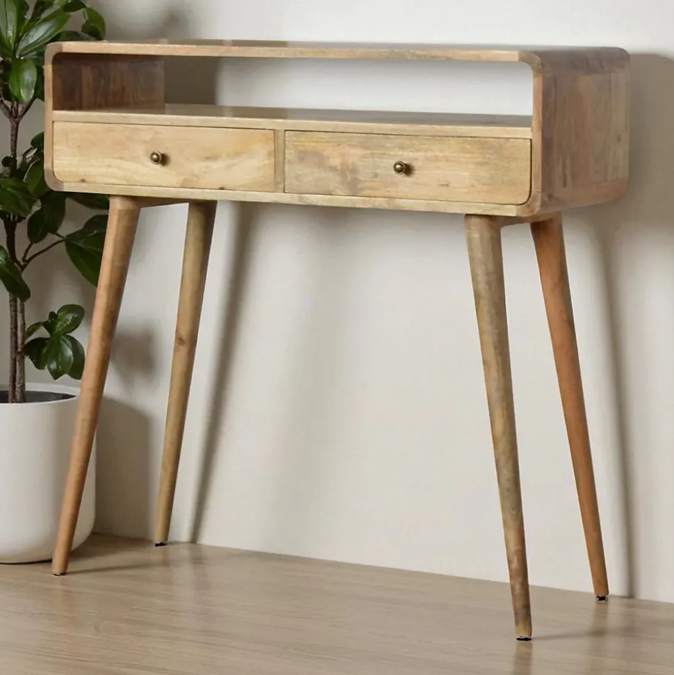 Artisan Furniture Bois massif courbé effet chêne console, 2 tiroirs, 1 étagère, beige