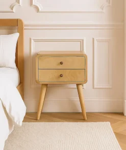 Artisan Furniture Bois massif courbé effet chêne table de chevet, 2 tiroirs, beige