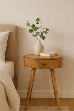 Artisan Furniture Bois massif Nordic circulaire Shaped table de chevet, 1 tiroir, beige