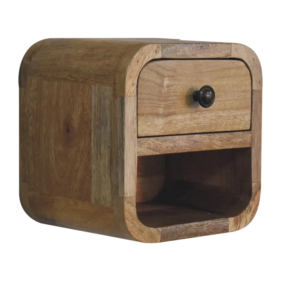 Artisan Furniture Bois massif Extra Mini courbé effet chêne table de chevet avec niche ouverte, 1 tiroir, 1 étagère, marron