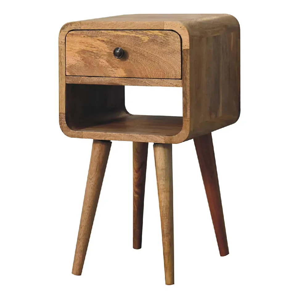Artisan Furniture Bois massif Mini effet chêne Curve Lower table de chevet, 1 tiroir et niche ouverte, beige