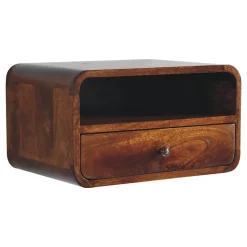 Artisan Furniture Bois massif Large châtaignier Curve table de chevet suspendue, 1 tiroir et niche ouverte, marron foncé