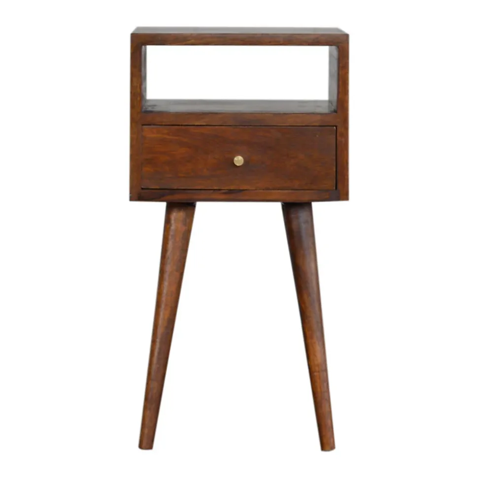 Artisan Furniture table de chevet en bois massif de châtaignier, 1 tiroir et compartiment ouvert, brun foncé