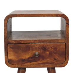 Artisan Furniture Table de chevet en bois massif de châtaignier incurvée, 1 tiroir et compartiment ouvert, brun foncé