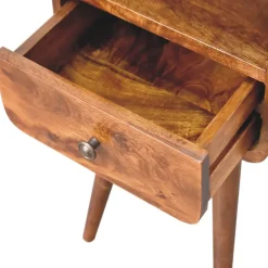 Artisan Furniture Table de chevet en bois massif de châtaignier incurvée, 1 tiroir et compartiment ouvert, brun foncé