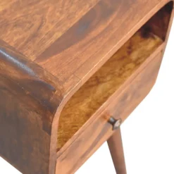 Artisan Furniture Table de chevet en bois massif de châtaignier incurvée, 1 tiroir et compartiment ouvert, brun foncé