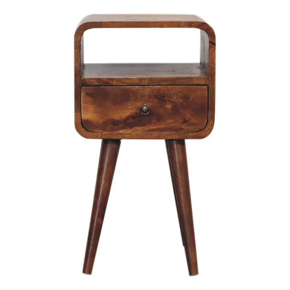 Artisan Furniture Table de chevet en bois massif de châtaignier incurvée, 1 tiroir et compartiment ouvert, brun foncé