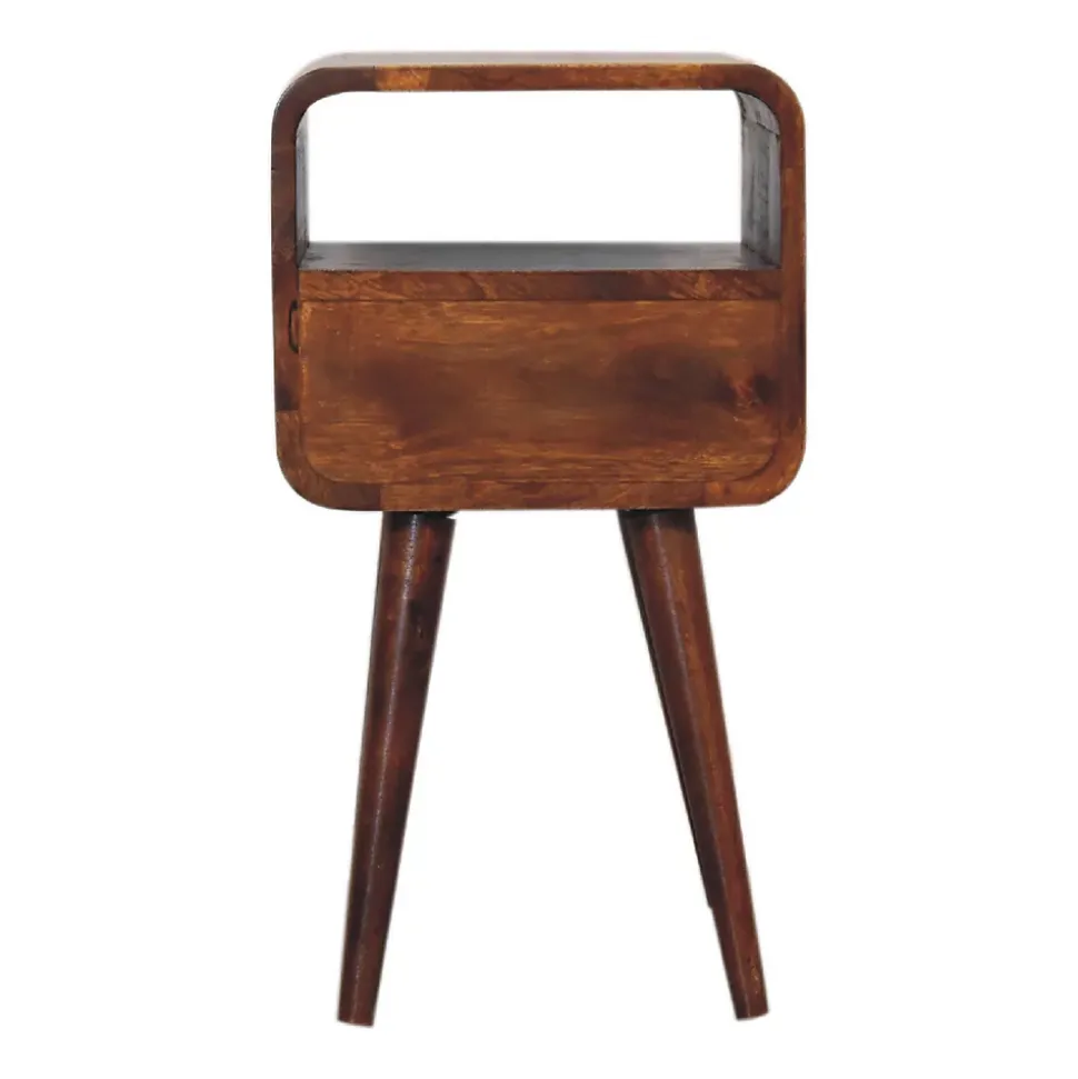 Artisan Furniture Table de chevet en bois massif de châtaignier incurvée, 1 tiroir et compartiment ouvert, brun foncé