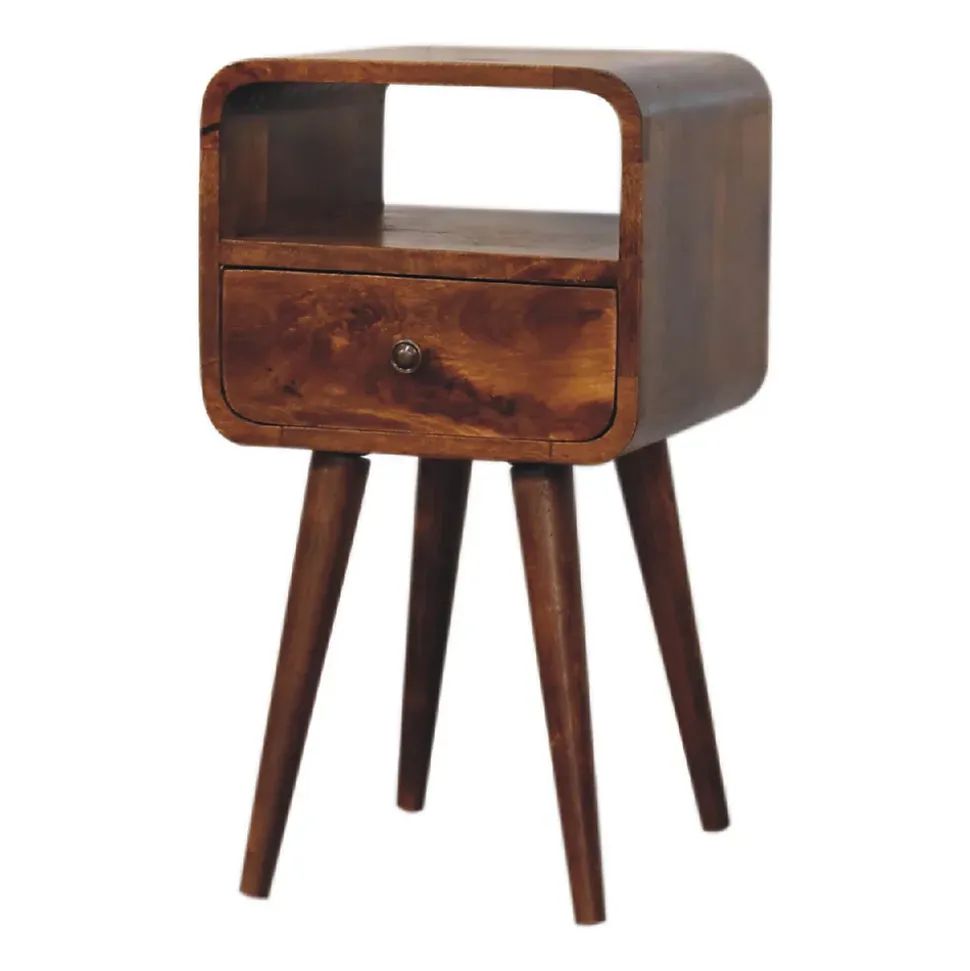 Artisan Furniture Table de chevet en bois massif de châtaignier incurvée, 1 tiroir et compartiment ouvert, brun foncé