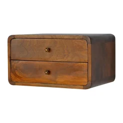 Artisan Furniture Table de chevet flottante en bois massif courbé, 2 tiroirs, marron foncé