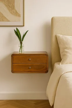 Artisan Furniture Table de chevet flottante en bois massif courbé, 2 tiroirs, marron foncé