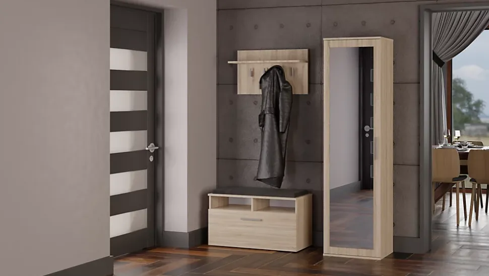 ATARA - Armoire entrée avec grand miroir - 180x50x35 cm - Deux étagères + porte-cintres