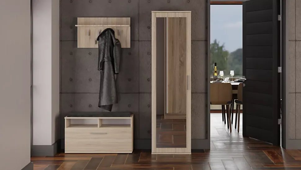ATARA - Armoire entrée avec grand miroir - 180x50x35 cm - Deux étagères + porte-cintres