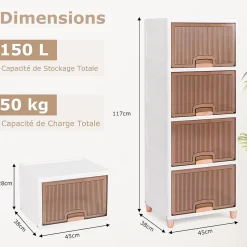 Bacs de Rangement de 150 L avec Couvercles, 4 Niveaux avec Portes Magnétiques, en Plastique, pour Chambre, Salon, Cuisine, Blanc
