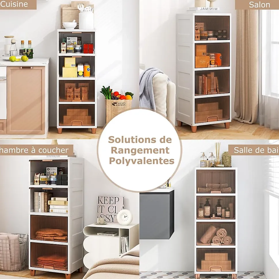 Bacs de Rangement de 150 L avec Couvercles, 4 Niveaux avec Portes Magnétiques, en Plastique, pour Chambre, Salon, Cuisine, Blanc