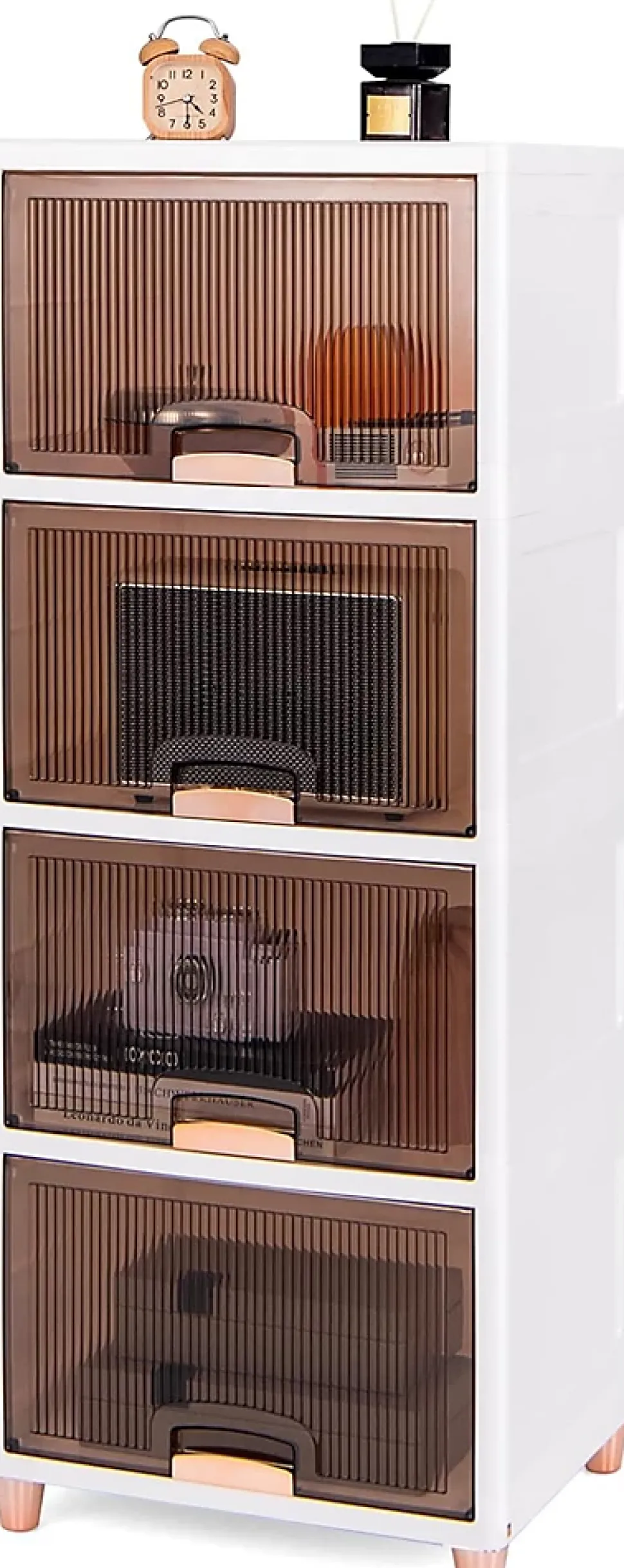 Bacs de Rangement de 150 L avec Couvercles, 4 Niveaux avec Portes Magnétiques, en Plastique, pour Chambre, Salon, Cuisine, Blanc