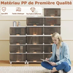 Bacs de Rangement de 150 L avec Couvercles, 4 Niveaux avec Portes Magnétiques, en Plastique, pour Chambre, Salon, Cuisine, Blanc