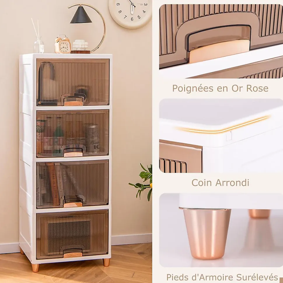 Bacs de Rangement de 150 L avec Couvercles, 4 Niveaux avec Portes Magnétiques, en Plastique, pour Chambre, Salon, Cuisine, Blanc