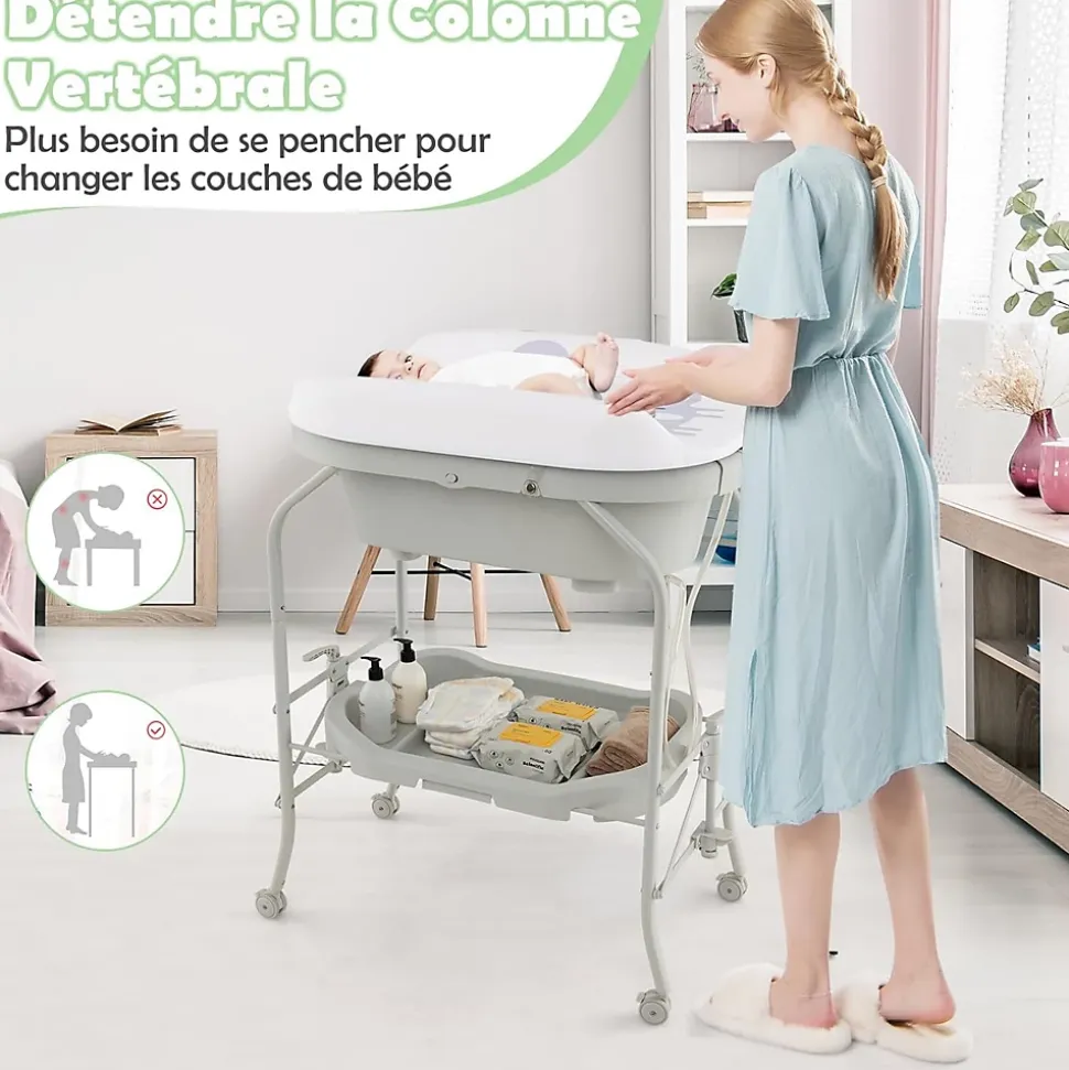 Baignoire bébé pliable Table à Langer avec rangement à roulettes Gris clair