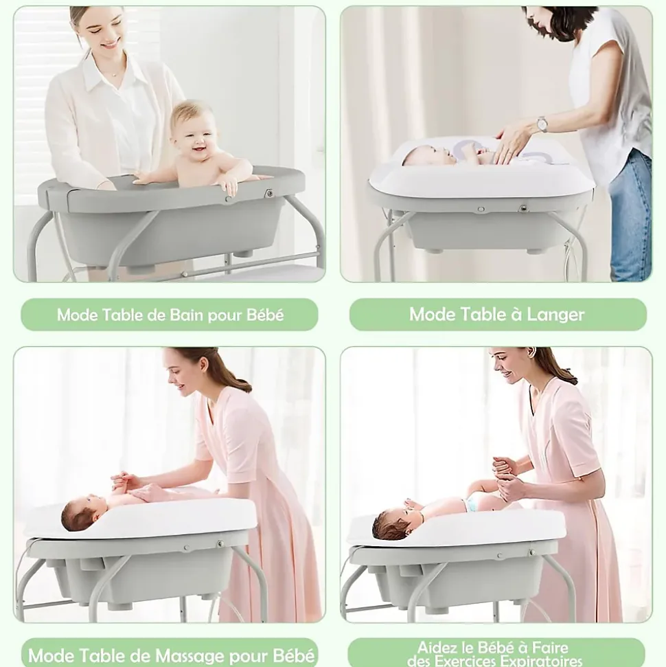 Baignoire bébé pliable Table à Langer avec rangement à roulettes Gris clair