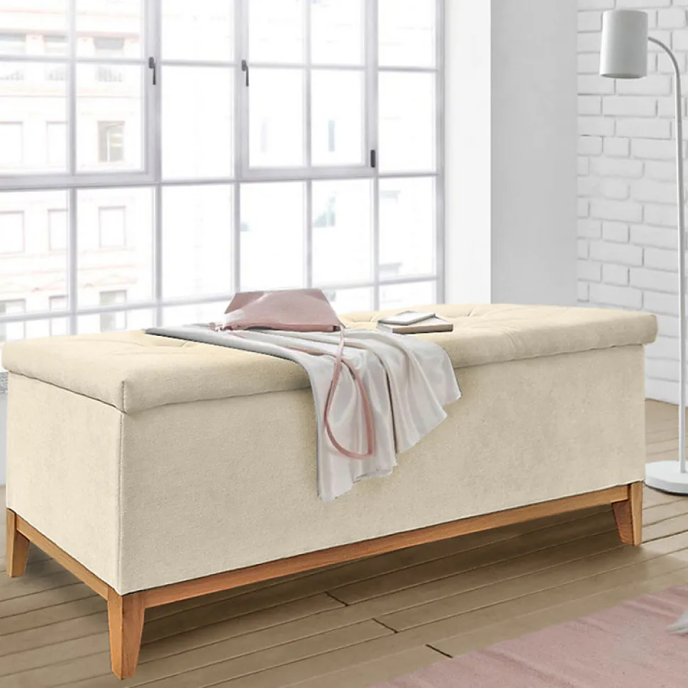 Banc - Bout de lit avec coffre de rangement tissu doux écru - SKY