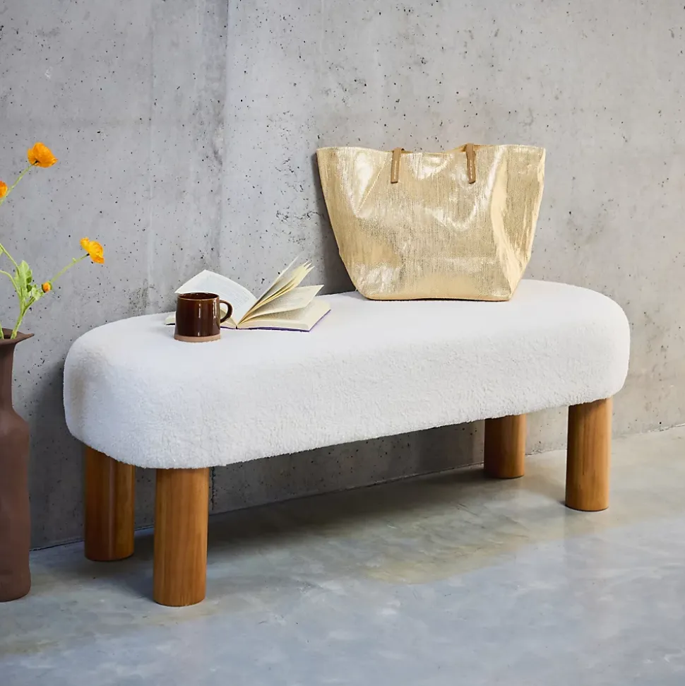 Banc / Bout de lit. pieds en bois d'hévéa et tissu bouclette