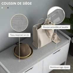Banc à chaussures - 2 portes - coussin rembourré - gris blanc