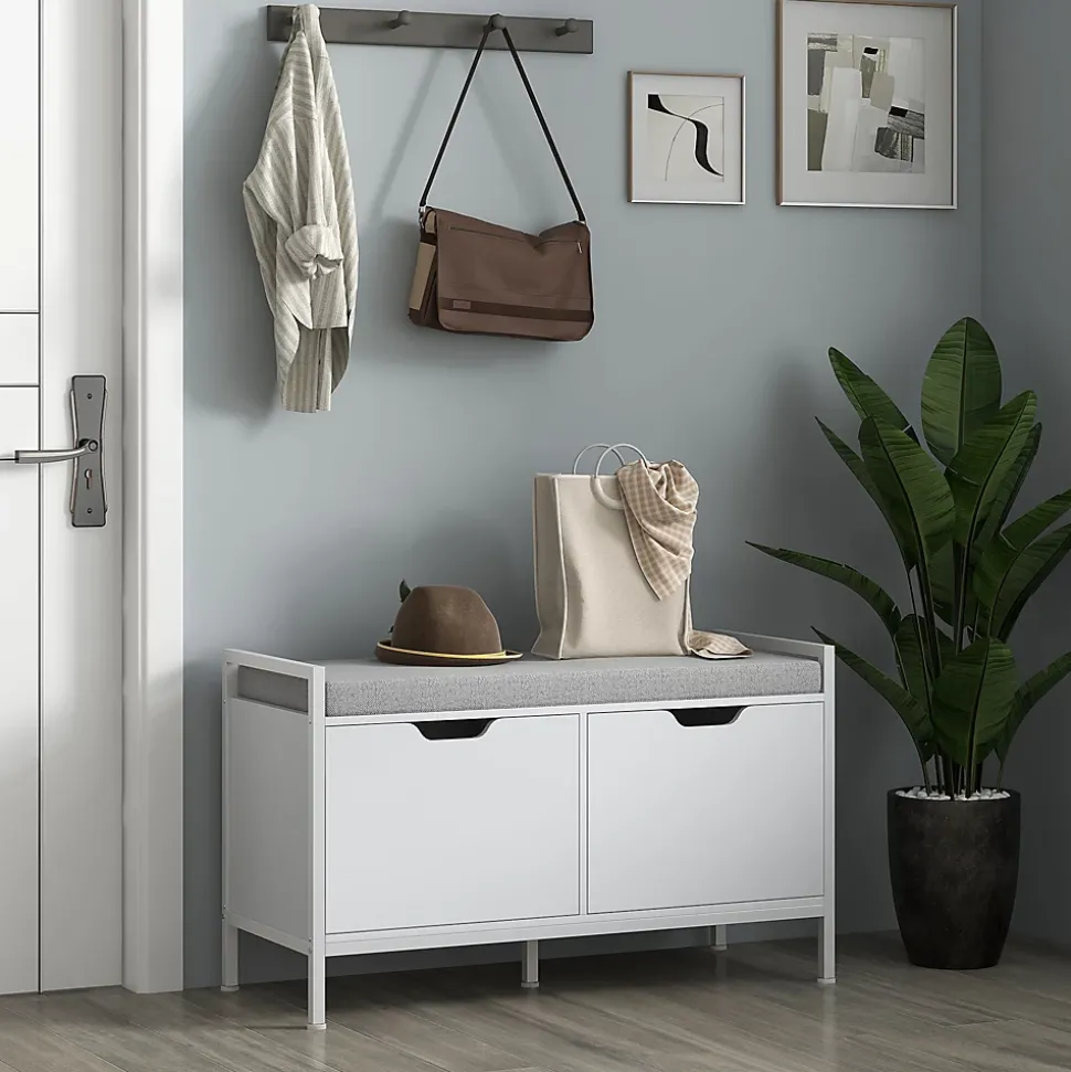 Banc à chaussures - 2 portes - coussin rembourré - gris blanc