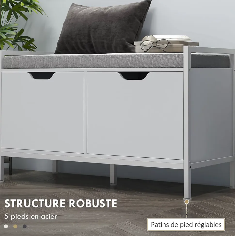 Banc à chaussures - 2 portes - coussin rembourré - gris blanc