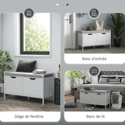 Banc à chaussures - 2 portes - coussin rembourré - gris blanc