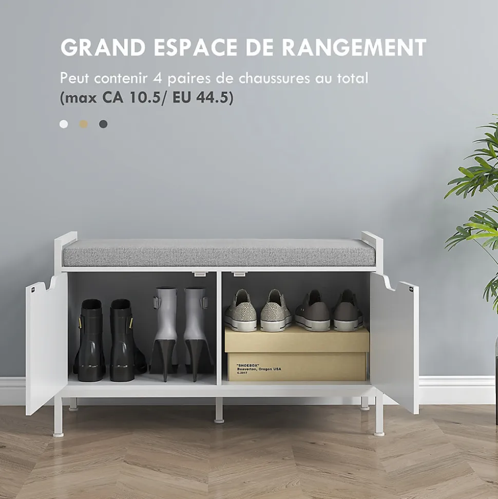 Banc à chaussures - 2 portes - coussin rembourré - gris blanc