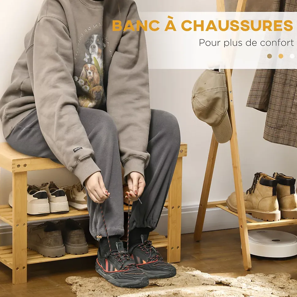 Banc à chaussures 2 étagères dim. 70L x 28l x 45H cm bois bambou verni