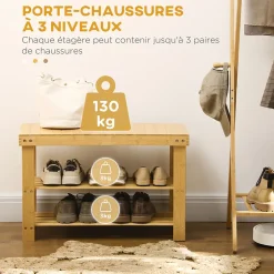 Banc à chaussures 2 étagères dim. 70L x 28l x 45H cm bois bambou verni