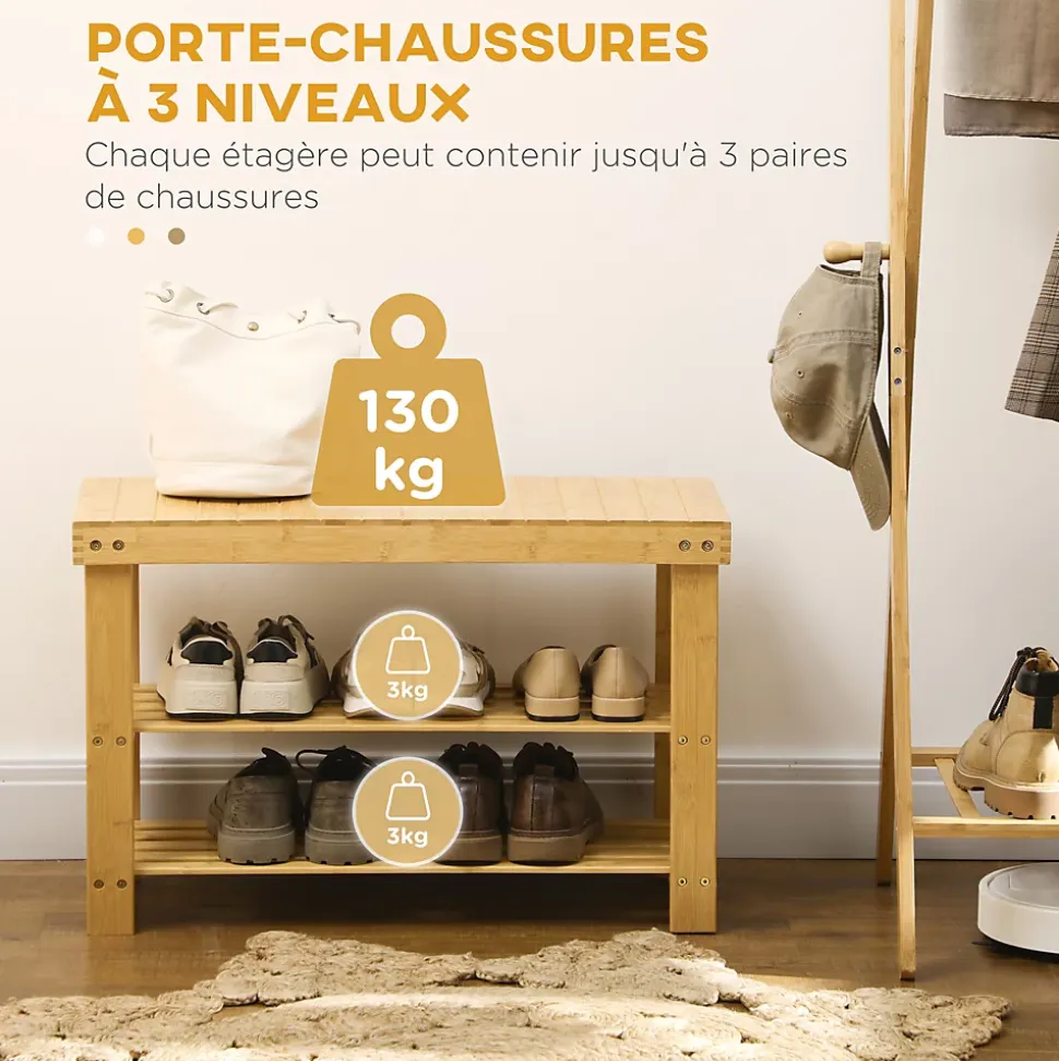 Banc à chaussures 2 étagères dim. 70L x 28l x 45H cm bois bambou verni