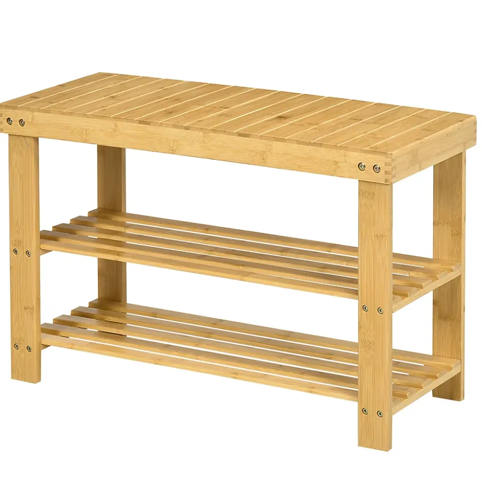 Banc à chaussures 2 étagères dim. 70L x 28l x 45H cm bois bambou verni