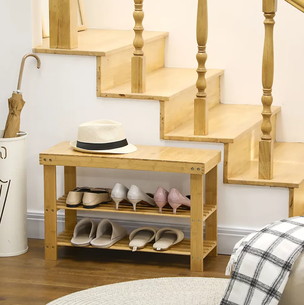 Banc à chaussures 2 étagères dim. 70L x 28l x 45H cm bois bambou verni