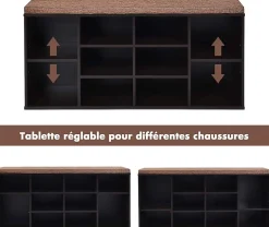 Banc à Chaussures Banc de Rangement Meuble Chaussures d'Entrée avec étagères Réglables et Coussin Amovible Charge Max 100 KG