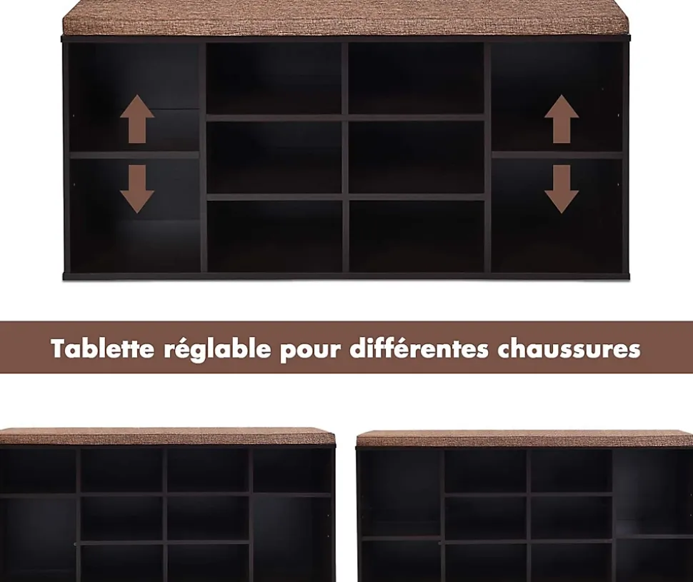 Banc à Chaussures Banc de Rangement Meuble Chaussures d'Entrée avec étagères Réglables et Coussin Amovible Charge Max 100 KG