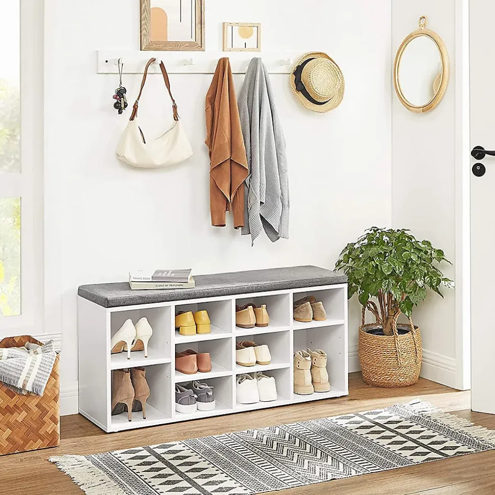 Banc à Chaussures Blanc avec Coussin d'Assise - L104 cm