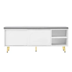 Banc à Chaussures Blanc avec Assise Rembourrée et Rangement Intégré, Meuble Multifonction pour Entrée ou Chambre - 121x35x49 cm