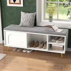 Banc à Chaussures Blanc avec Assise Rembourrée et Rangement Intégré, Meuble Multifonction pour Entrée ou Chambre - 121x35x49 cm
