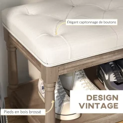 Banc à chaussures capitonnée style classique chic étagère bois sculpté tissu beige
