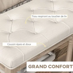 Banc à chaussures capitonnée style classique chic étagère bois sculpté tissu beige