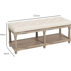 Banc à chaussures capitonnée style classique chic étagère bois sculpté tissu beige