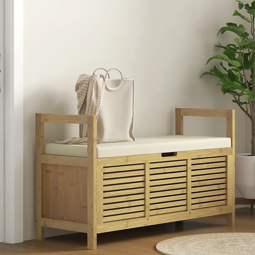 Banc à chaussures coffre de rangement 2 en 1 avec coussin bambou