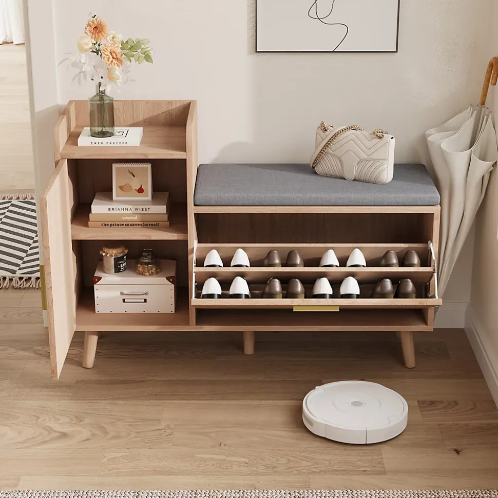 Banc à chaussures en bois avec coussin gris, Rangement pliable 34 cm, assise amovible et étagères réglables