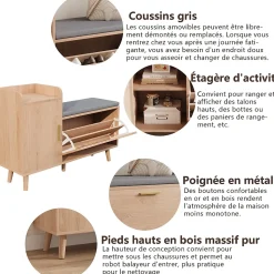 Banc à chaussures en bois avec coussin gris, Rangement pliable 34 cm, assise amovible et étagères réglables