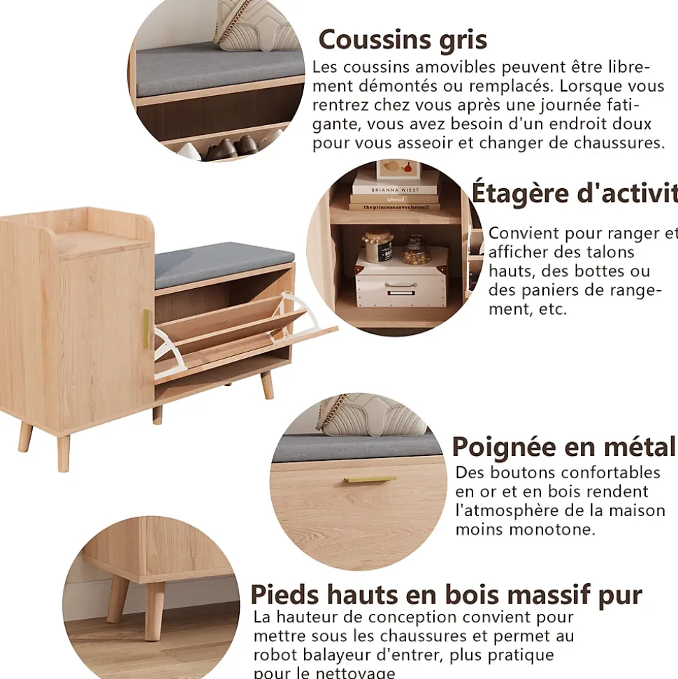 Banc à chaussures en bois avec coussin gris, Rangement pliable 34 cm, assise amovible et étagères réglables
